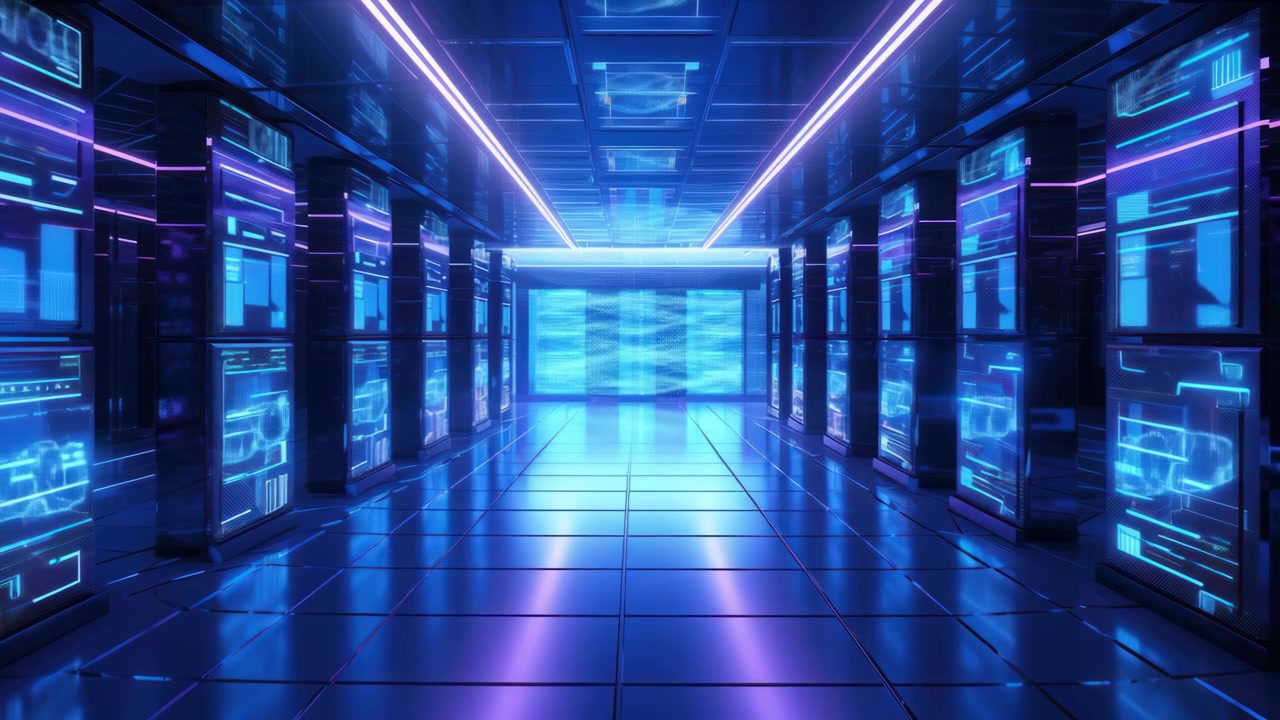 Moving Through a Futuristic Data Center with Glowing Server Racks