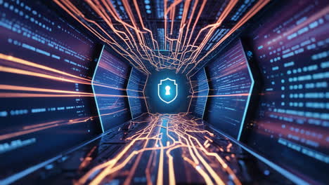 cybersecurity pathway with glowing shield icon
