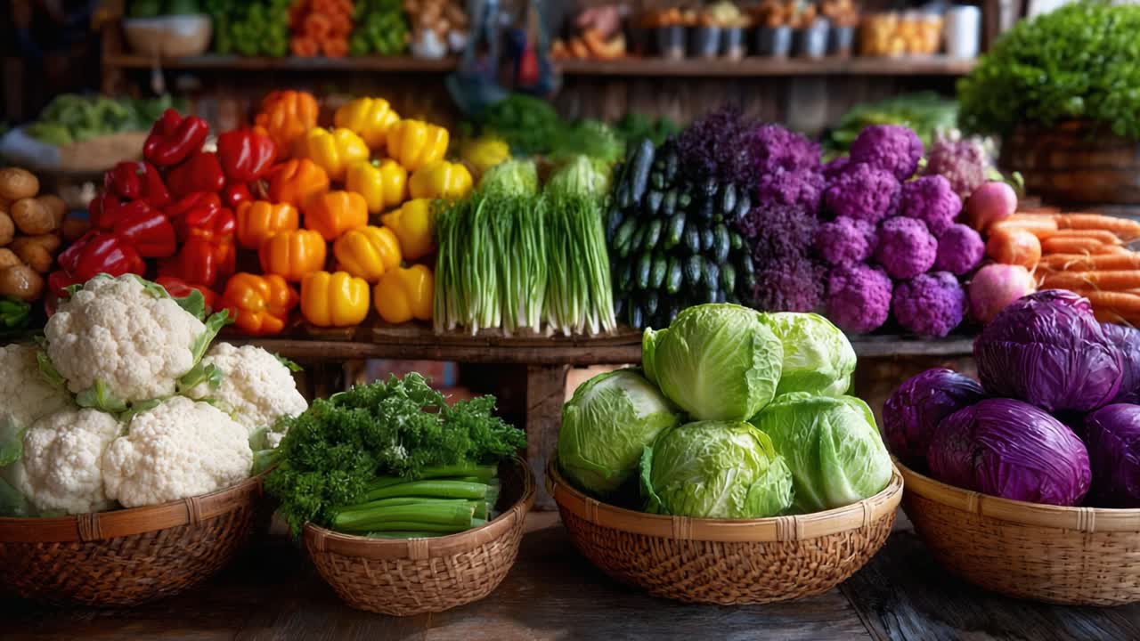 A Vibrant Display of Fresh Vegetables at a Local Market, Showcasing a Spectrum of Colors and Varieties from Crisp Lettuce to Bright Bell Peppers, Creating a Bounty of Nature's Produce