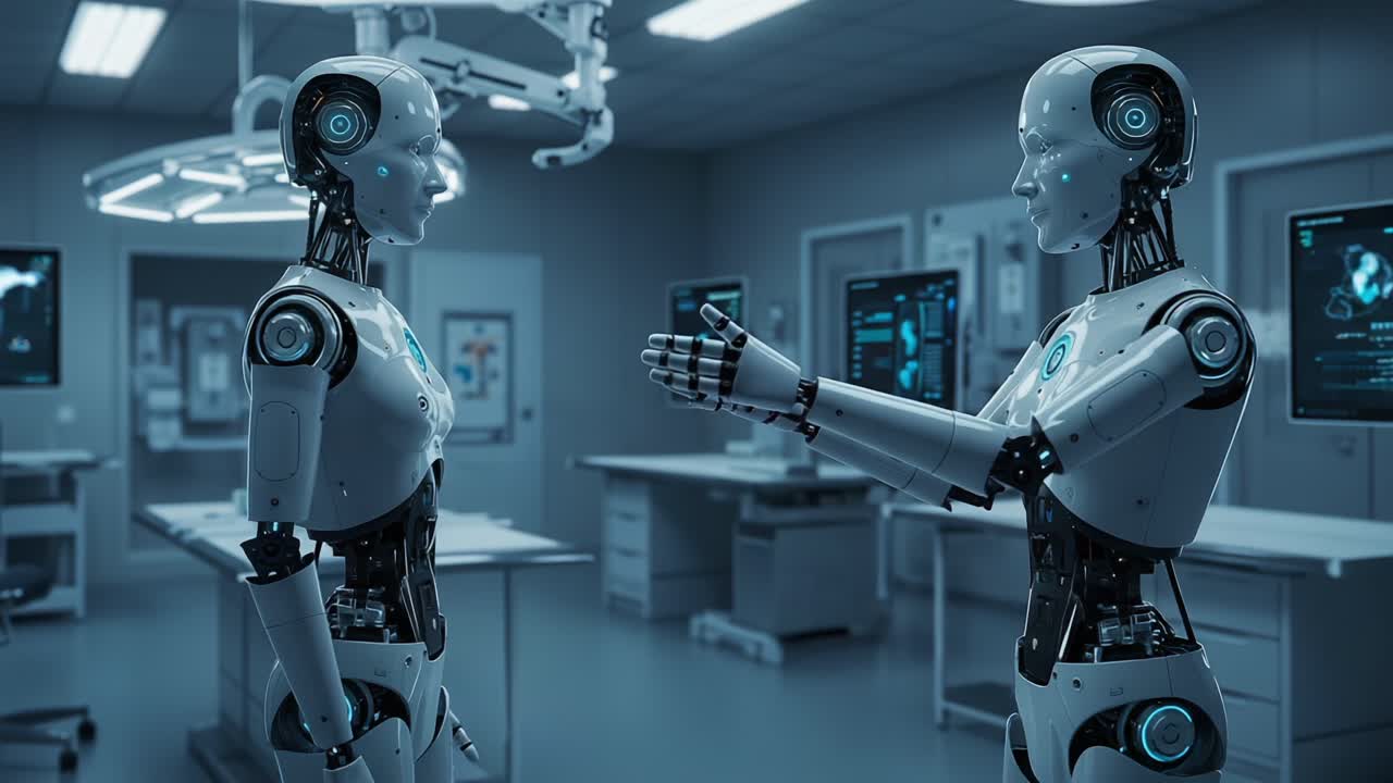 Two Humanoid Robots Engaged in Conversation in a Futuristic Medical Environment, Showcasing Advanced AI Interaction Amidst High-Tech Equipment