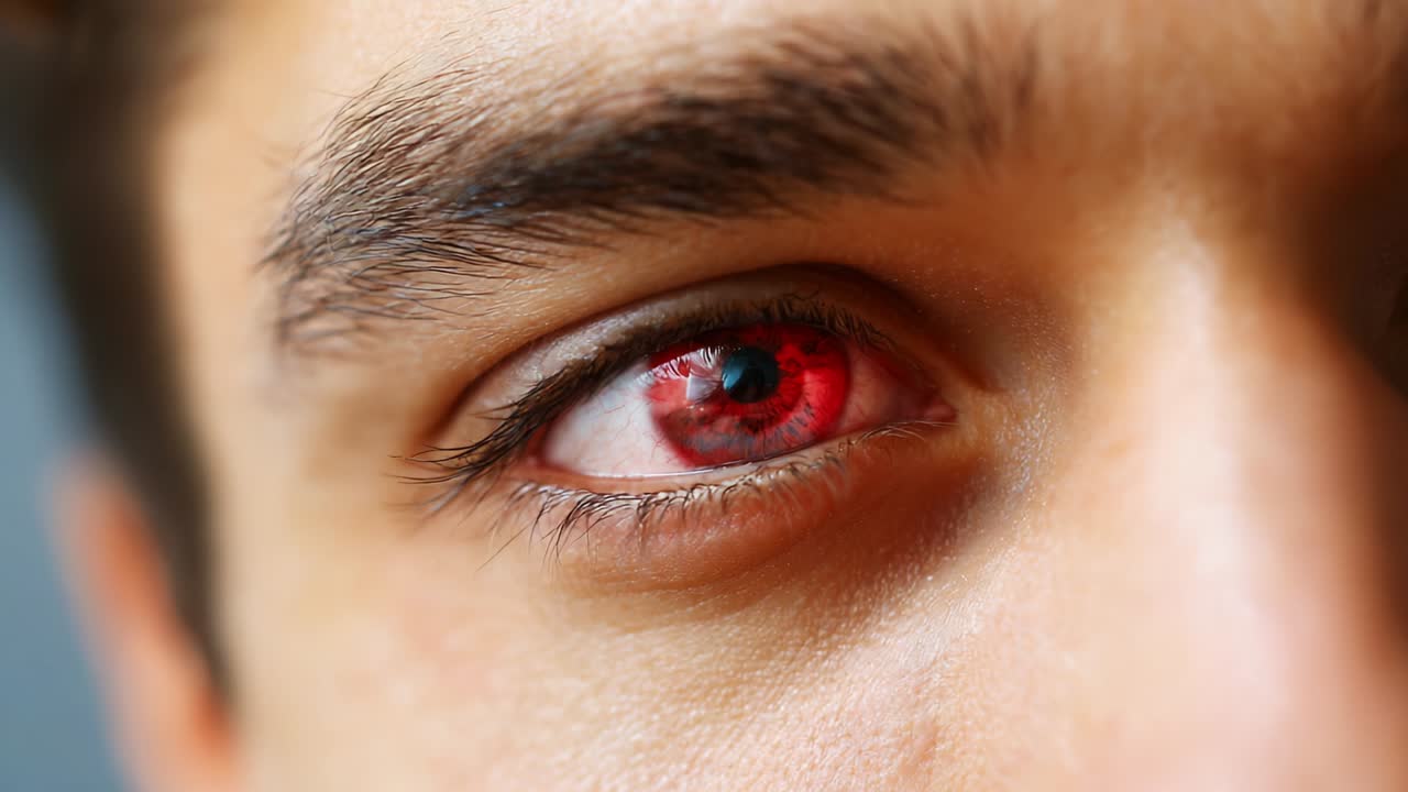 Close-up of a young individual's eye with striking red sclera and vivid iris details, highlighting an unusual and captivating look that draws immediate attention and evokes curiosity about its cause and significance