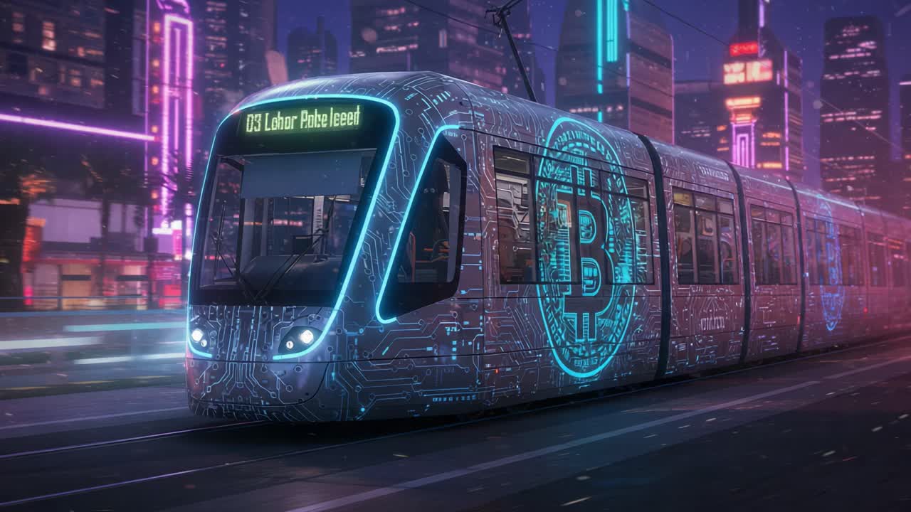 Futuristic Tram Featuring Cryptocurrency Theme Illuminated in Neon Lights on a Vibrant Urban Street, Symbolizing a Digital Future in Public Transportation