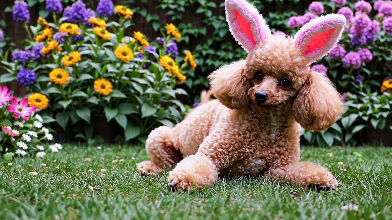 Un cane giocoso con orecchie da coniglio scorrazza in un giardino colorato. Ripreso da un'angolazione bassa, catturando colori vivaci