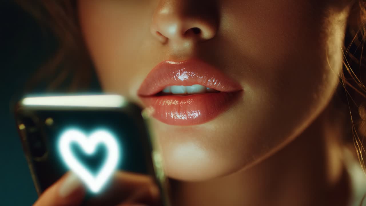 Captivating Close-up of Glossy Lips and Smartphone Interaction, Illuminated by a Heart Icon, Signifying Modern Digital Communication and Connection in an Engaging and Intimate Atmosphere
