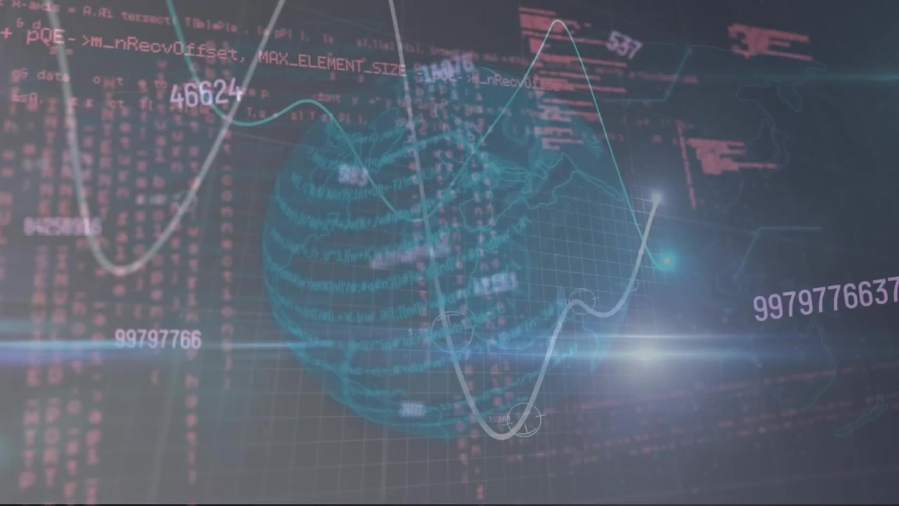 Animation of changing numbers and data processing over globe and light spot on grey background
