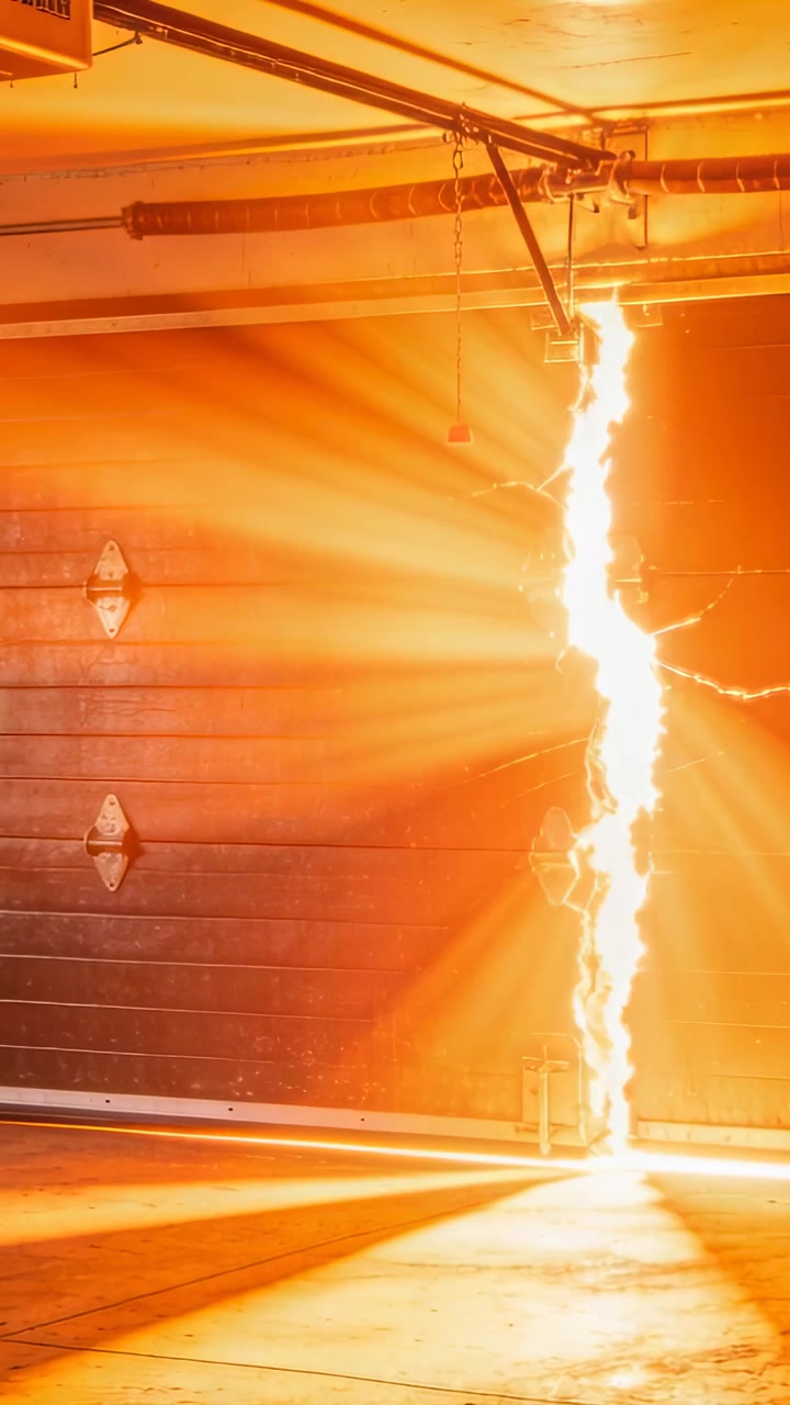 Vertical video: Sparking arc column rising from junction box toward track, lighting garage door