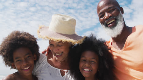 portrait of mixed race senior couple with grandchildren smiling at the beach