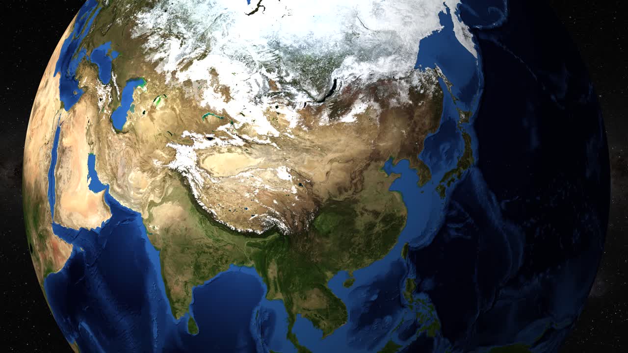 Rendering in 3D della Terra che ruota e zooma su Pechino, in Cina, con un'icona del punto di riferimento della Grande Muraglia