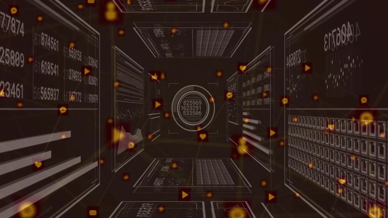 Con la telecamera che avanza, un corridoio wireframe 3D mostra grafici, icone fluttuanti e dati in aggiornamento.