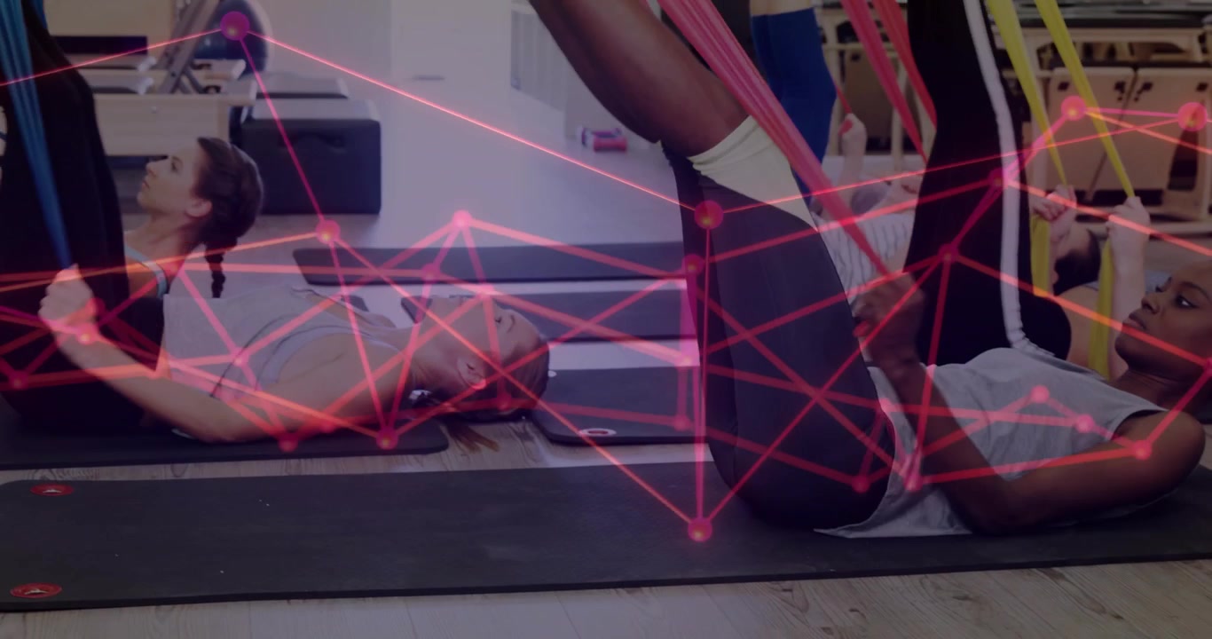 Woman initiating band pull, group doing leg raises, hip lifts with pink overlay moving for fitness