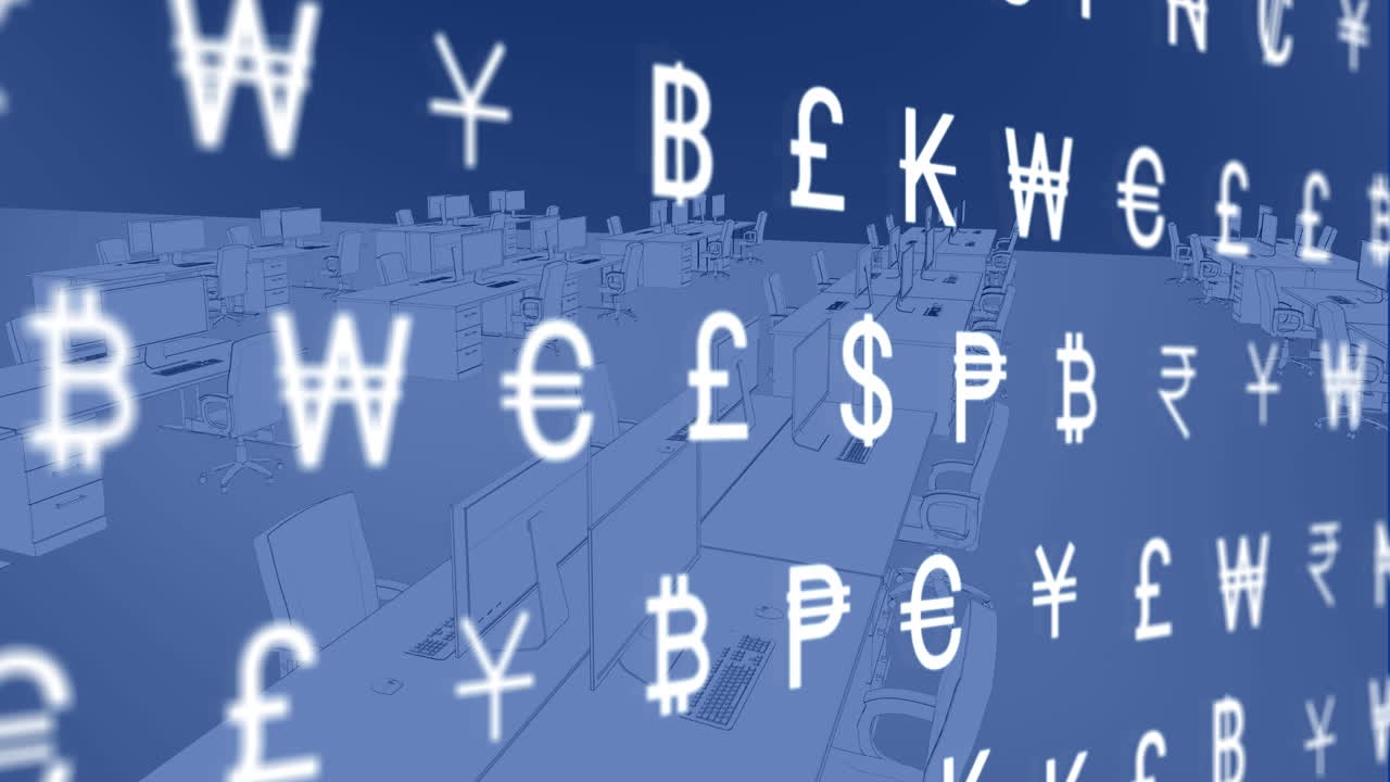 파란색 배경에 대한 3d 오피스 모델 위에 여러 통화 기호의 애니메이션