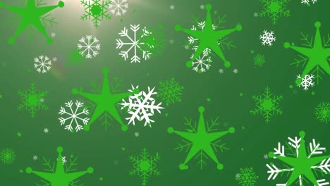 snowflakes and multiple stars icons falling against spot of light on green background