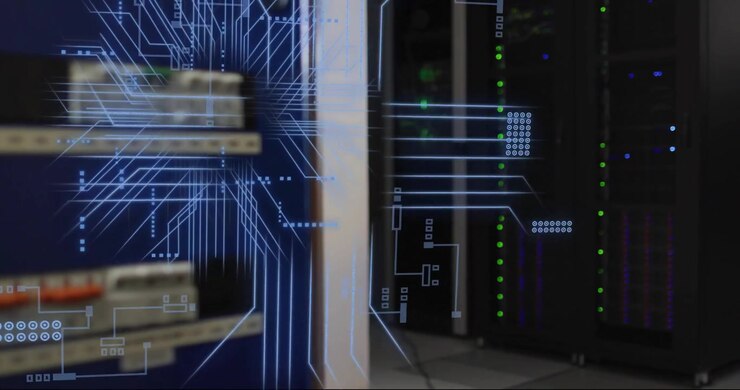 Animation of digital data processing and circuit board over computer servers