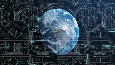 animation of network of computer circuit board with light trails flowing over globe