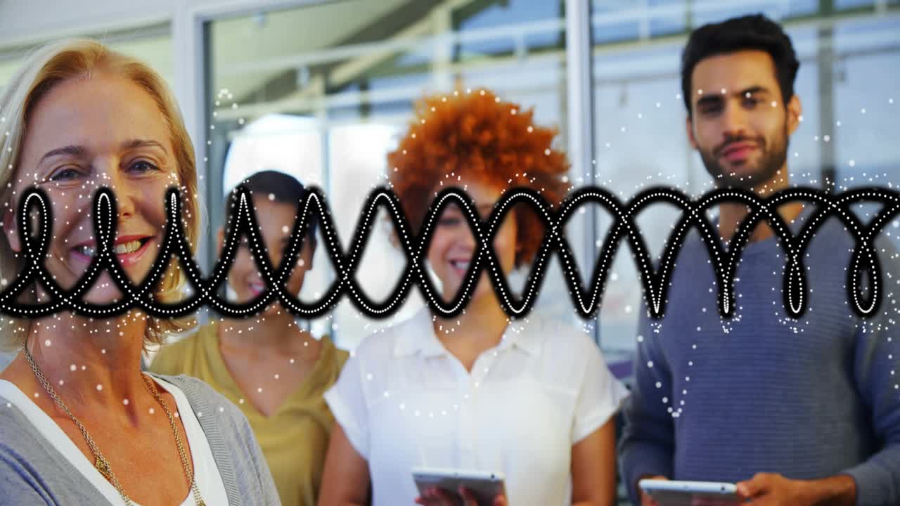 Tech lead smiling turning while cam zooming and looping wave overlay highlighting tablets for promo