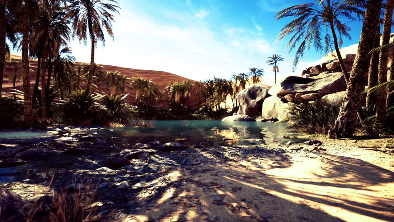 Serene oasis with palm trees and clear water under a bright sky