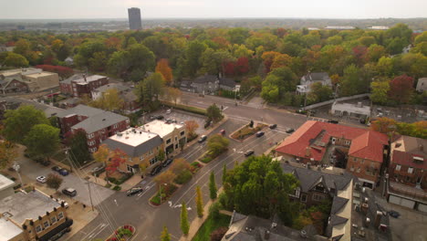 Aerial-in-Clayton-neighborhood-in-Fall-with-a-boom-down-to-the-pocket-park-below