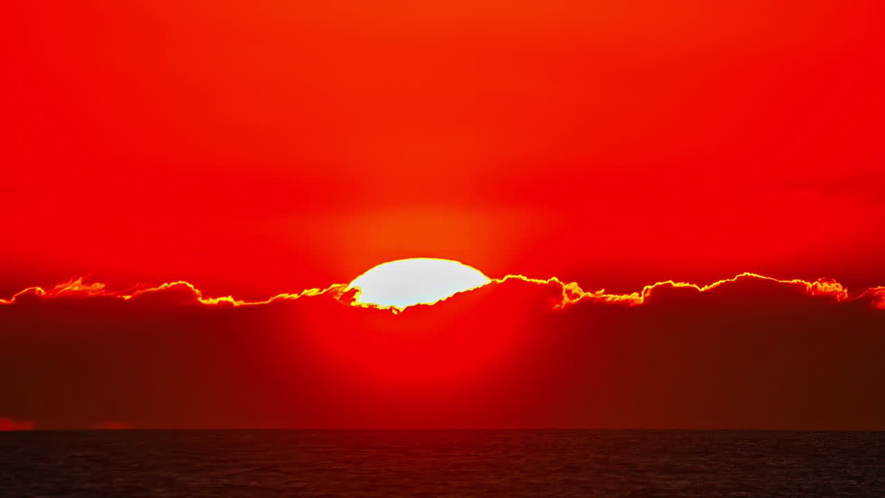 Bright Red Sunset Timelapse With Sun Dipping Behind Clouds Over Calm Open Horizon
