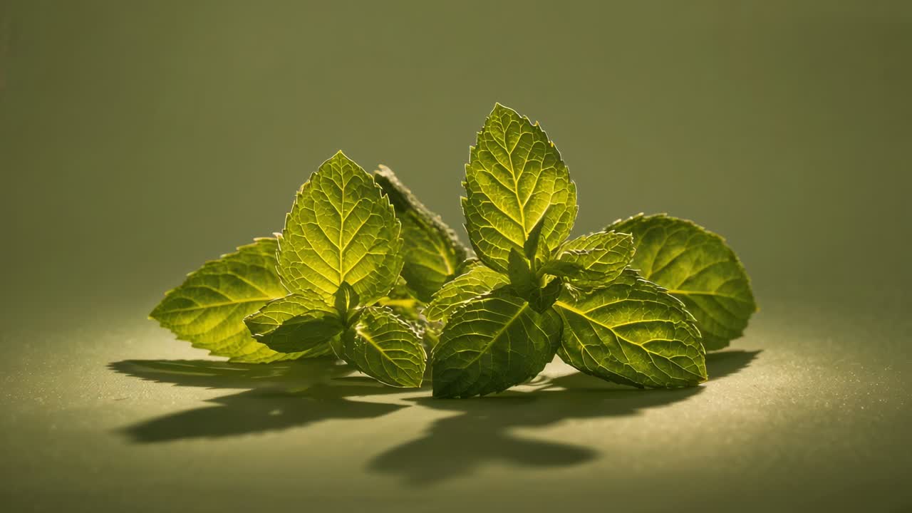 Luce che si intensifica, un ciuffo di foglie di menta rivela venature traslucide su un tavolo opaco.