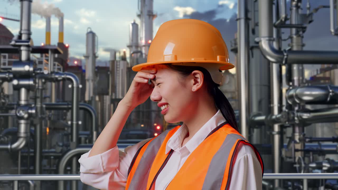 Close Up Side View Of Asian Female Engineer With Safety Helmet Having A Headache While Working In a Refinery, Oil Processing Equipment And Machinery