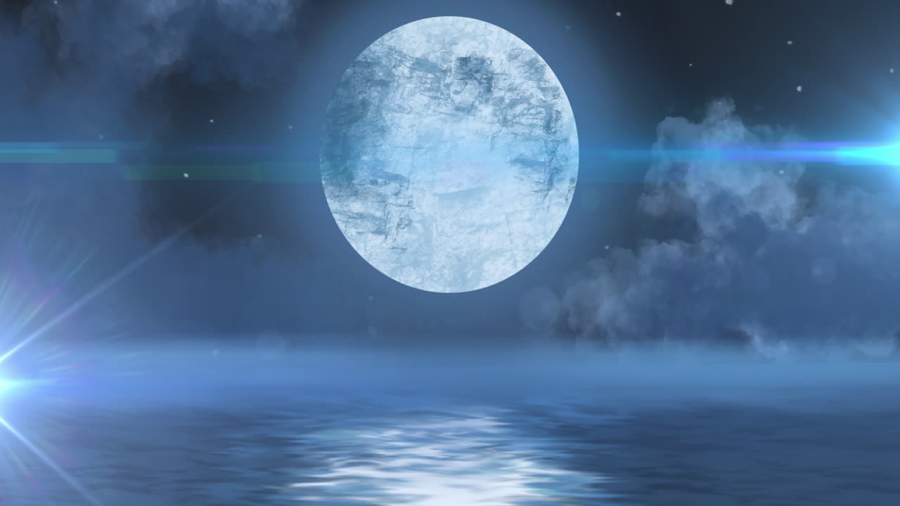 파란색 배경에 빛나는 빛의 반점, 별 및 구름과 함께 지구 행성의 애니메이션