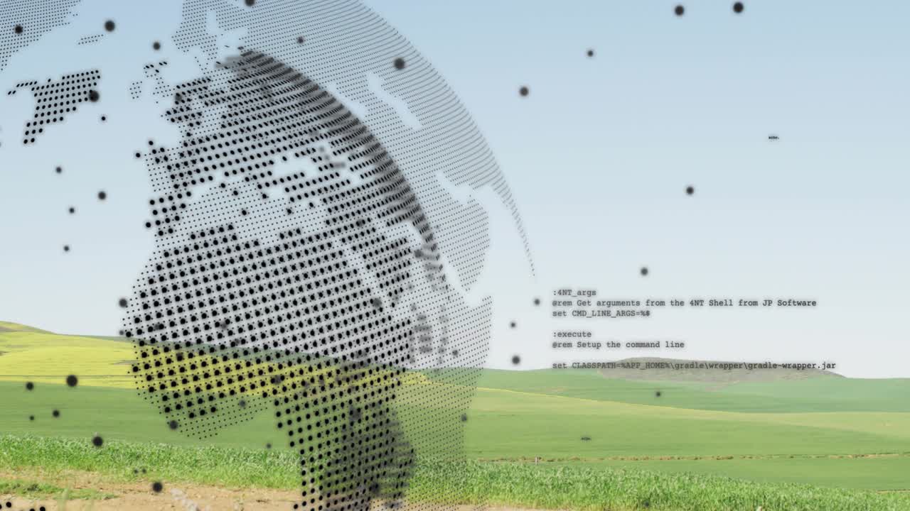 Scene load causing dotted globe emerging over green field, rotating, sending code dots showing data