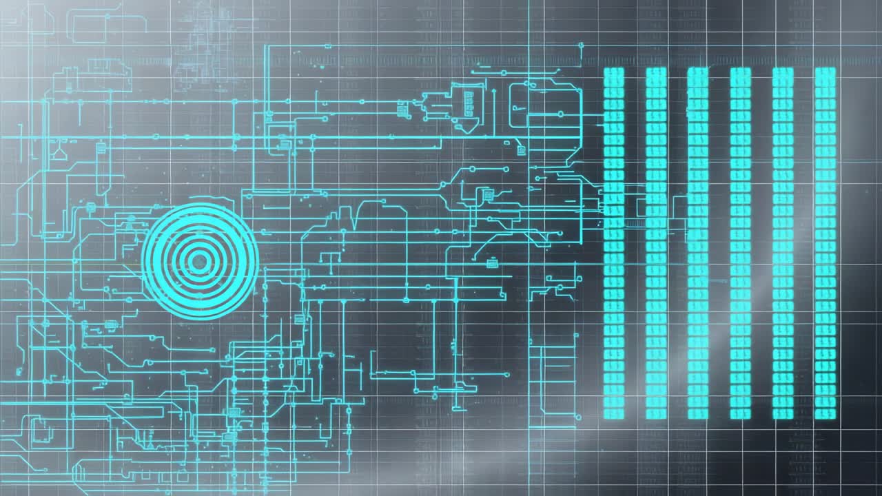 Grid loading, circuit lines tracing left target icon, pulsing target filling data bars, copy space