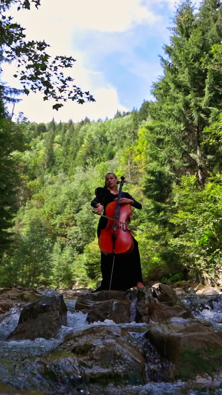 Woman playing cello among summer nature. Female cellist with musical instrument stands on stones with flowing mountain water. Vertical video