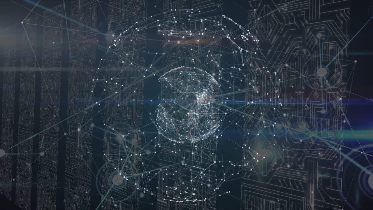 Animation of network of connections and rotating globe over integrated circuits in servers
