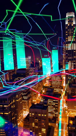night city skyline with financial data visualization