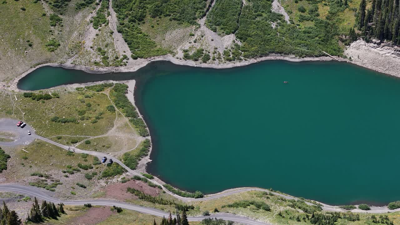 Aerial View of Emerald Lake Under Elk Mountain, Colorado USA. Turquoise Water and Camping Area
