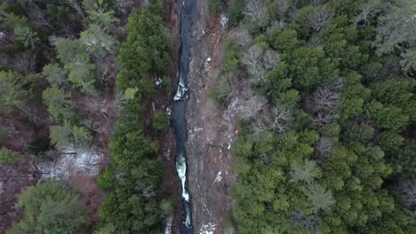 top down aerial view quechee gorge and ottauquechee river near woodstock, vermont usa