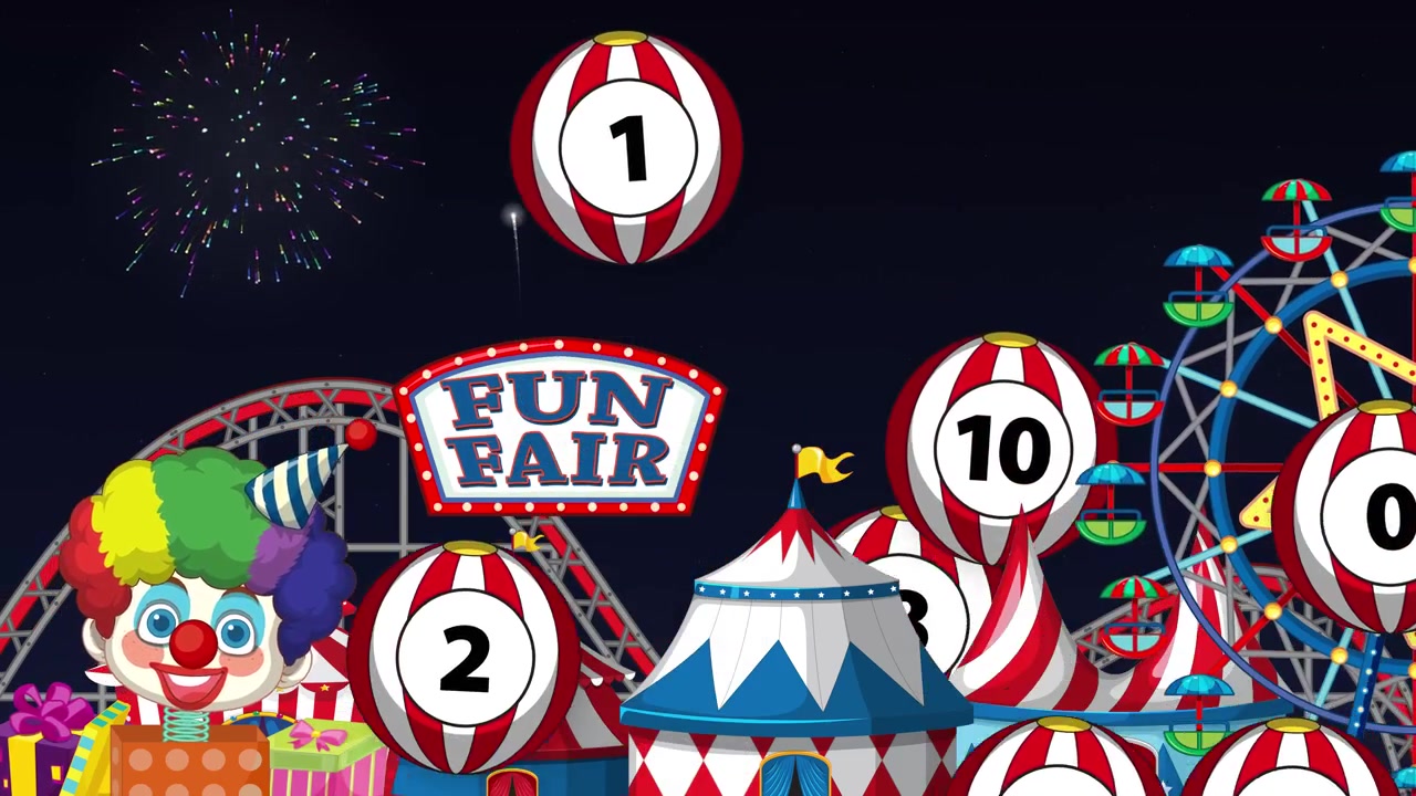 Striped numbered circus balls bounce across an animated nighttime carnival funfair with fireworks.