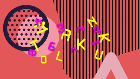 animation of changing alphabets and numbers over abstract shapes against pink background