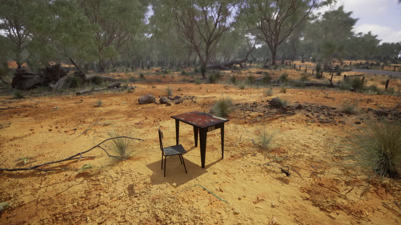 Lonely table and chair in a desolate landscape during daytime