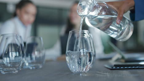 business people, hands and pouring glass of water