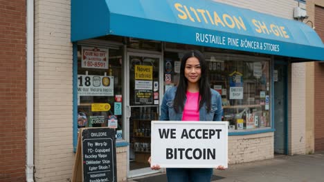 A Modern Storefront Embracing Cryptocurrency with a Signage: 'We Accept Bitcoin' Featuring a Young Woman Smiling Outside a Retail Shop