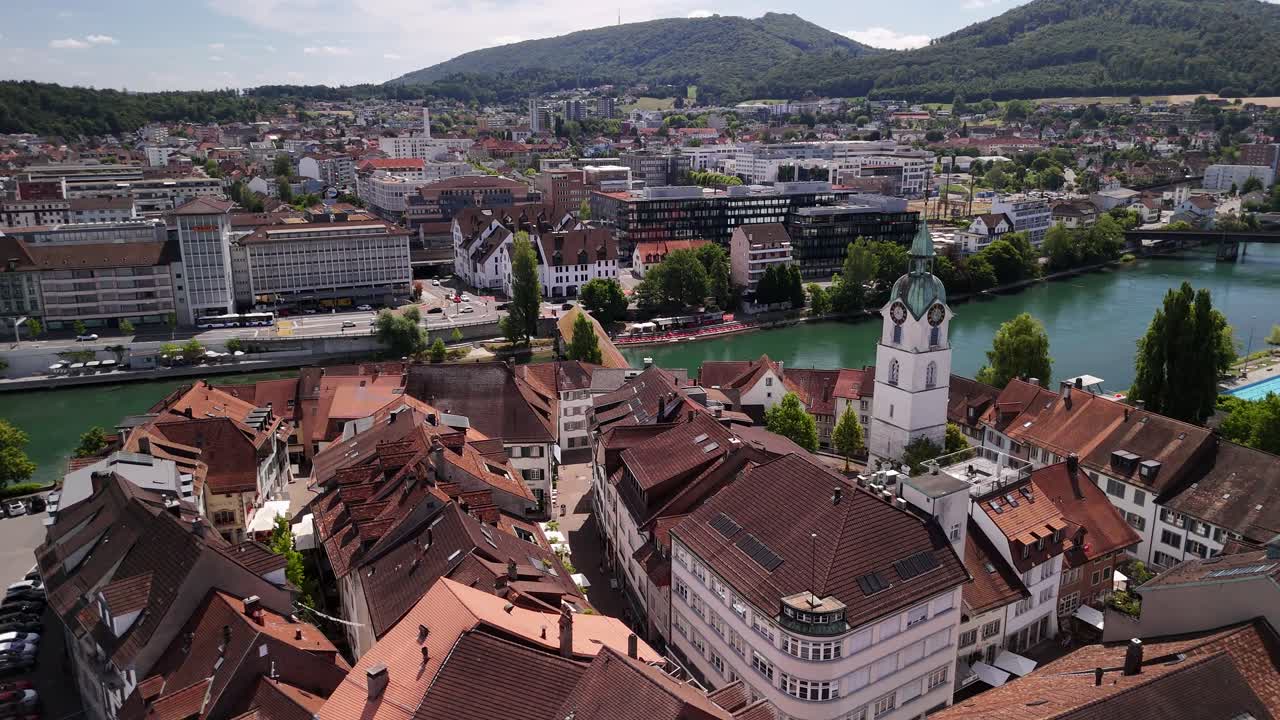 Medieval old town square aerial drone Swiss alpine Switzerland Olten Europe