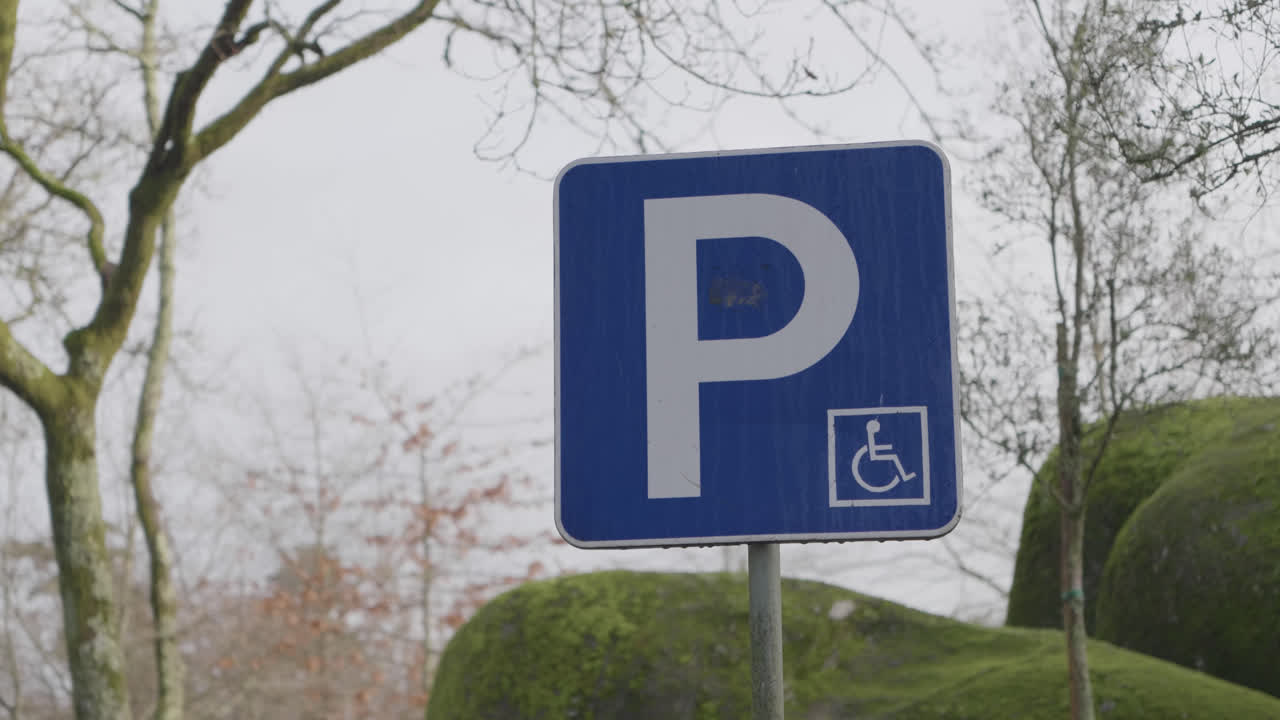 Sinal de estacionamento azul com ícone de cadeira de rodas ao lado de rochas musgosas e árvores