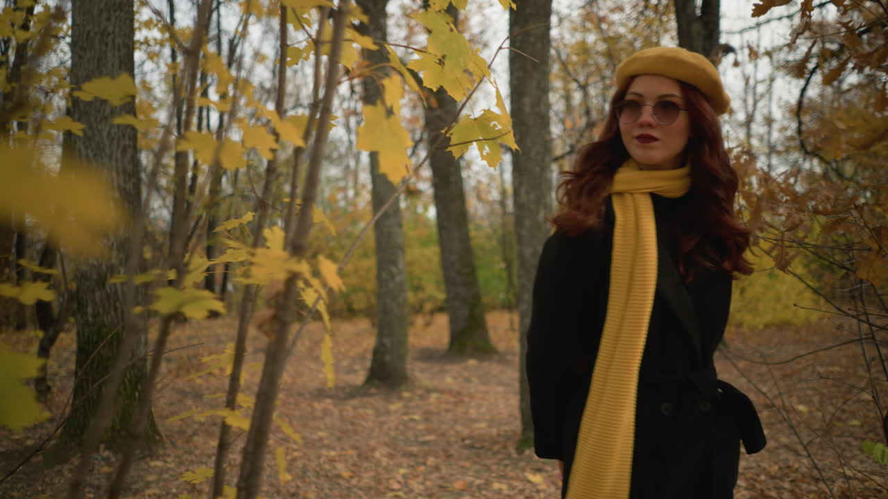 молодая леди в стильном желтом берете и шарфе прогуливается по спокойным осенним лесам, наблюдая за отступающими листьями, мягко качающимися под ветром, наслаждаясь спокойной атмосферой природы.