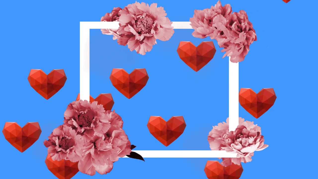 Animação de banner floral com espaço para texto sobre ícones de coração vermelho flutuando contra fundo azul