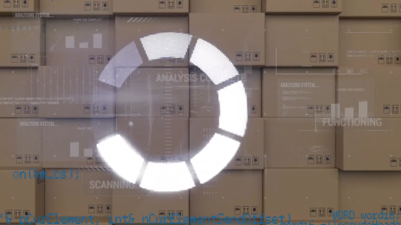animación del procesamiento de datos sobre una pila de cajas de cartón