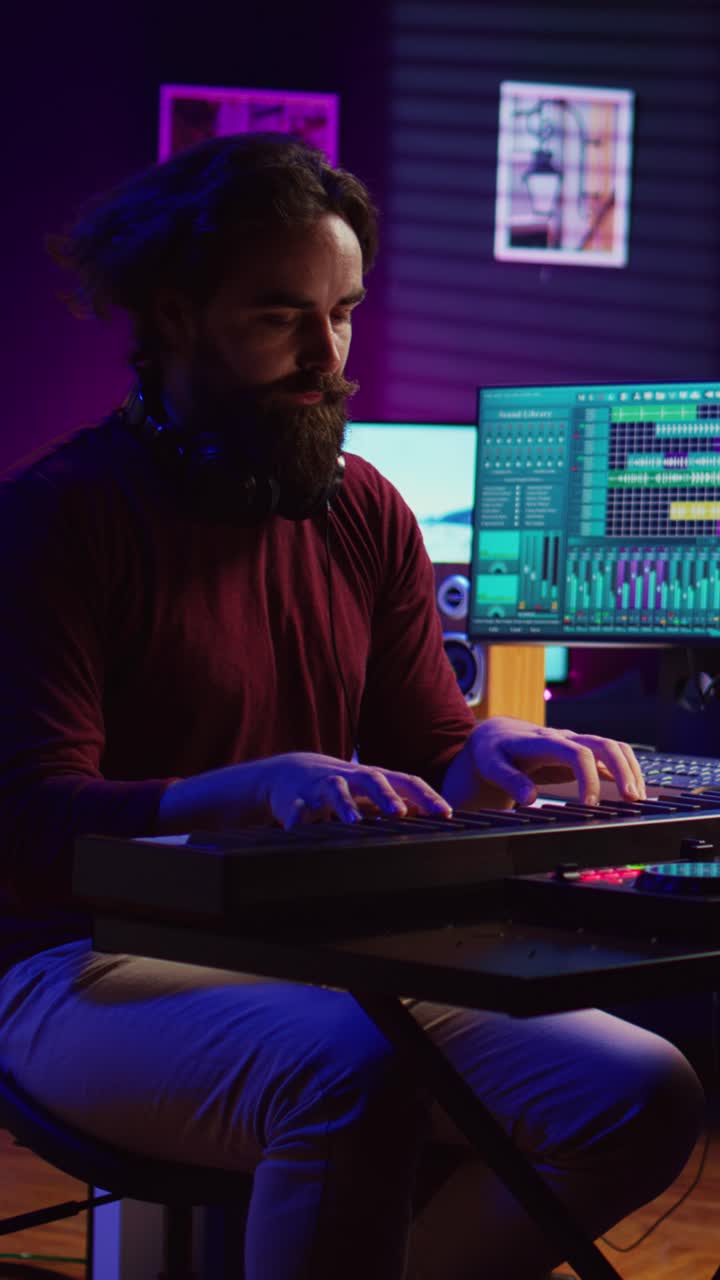 Male Music Producer Working on Computer and Playing MIDI Keyboard in Studio