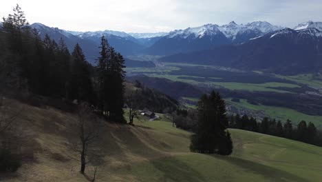 drone fly above forest with snow covered mountain summits in background