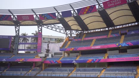 drone flying in empty wankhede stadium in wide view in mumbai