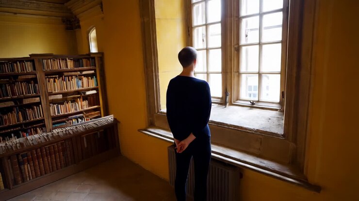 Persona in una vecchia biblioteca che guarda fuori da una finestra.