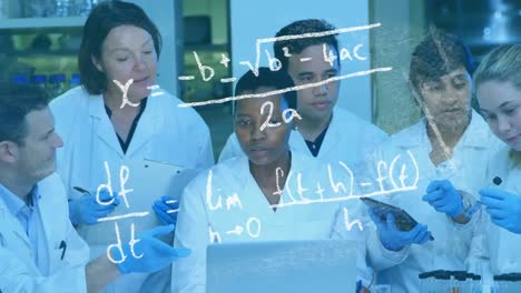 Mathematical equations against group of scientists working in laboratory