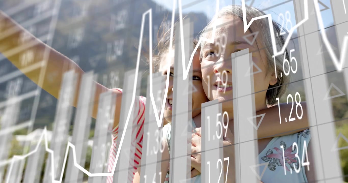 Córka przytulająca matkę i podnosząca ramię do selfie, animująca wykres finansowy na tle gór.