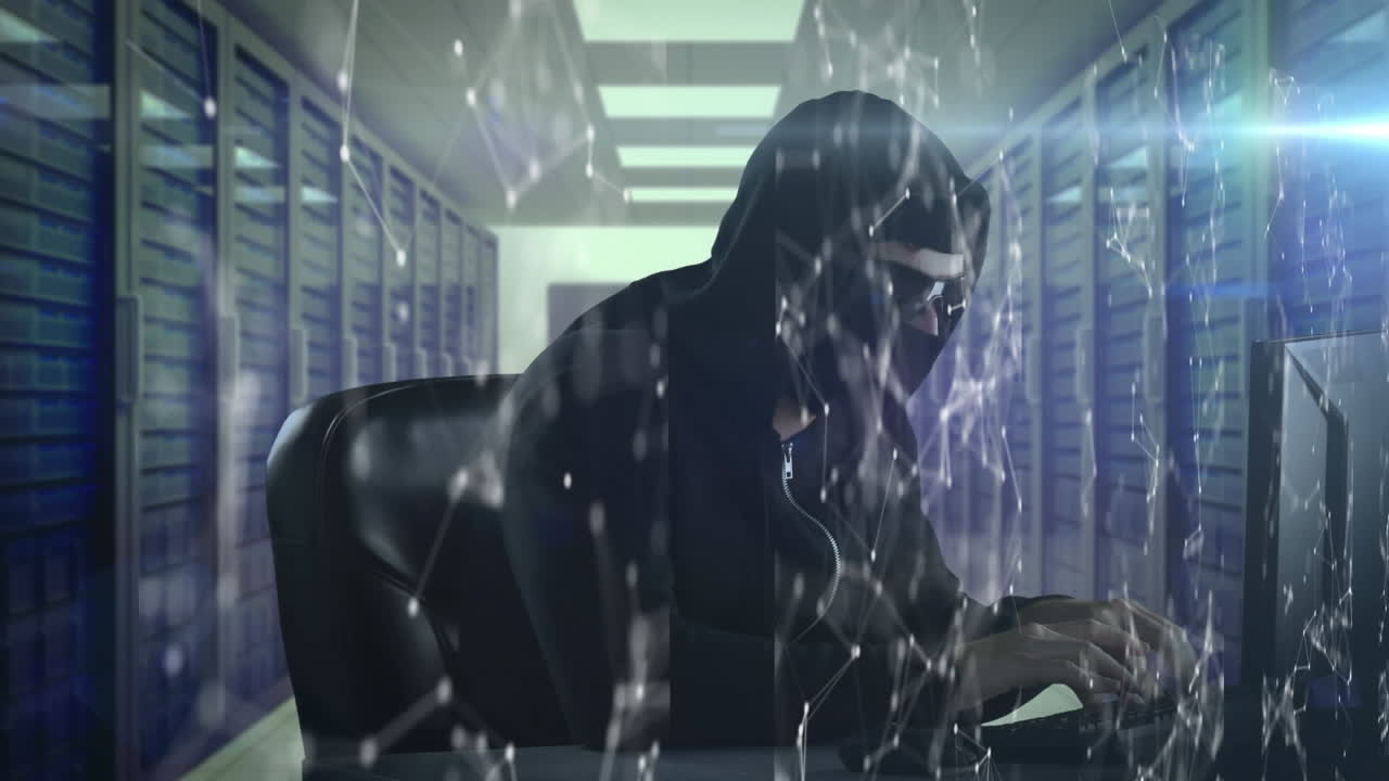 Animation of white shapes amde of connections over male hacker