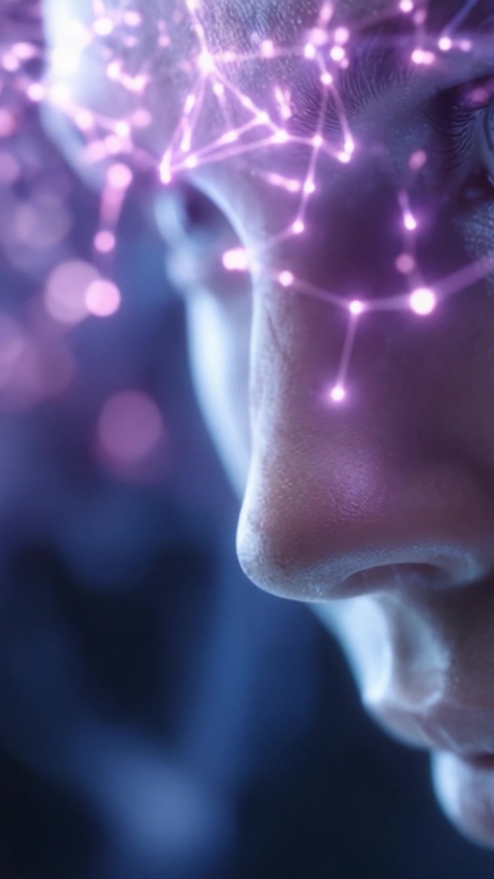 Un primo piano del volto di una persona illuminato da vibranti e luminose connessioni neurali, che simboleggia la tecnologia avanzata e il complesso funzionamento del cervello umano